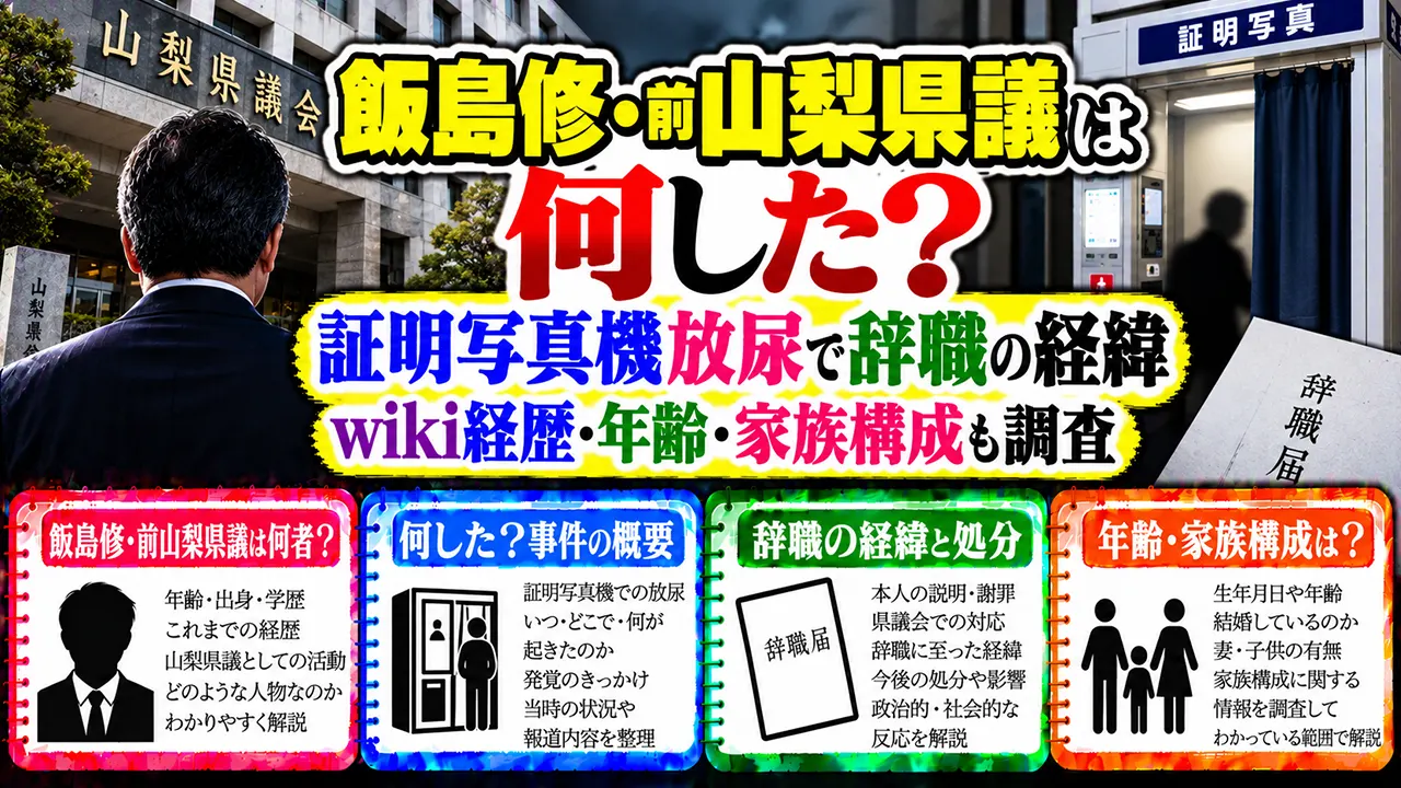 飯島修・前山梨県議は何した?wiki経歴や年齢・家族構成と証明写真機放尿で辞職の経緯