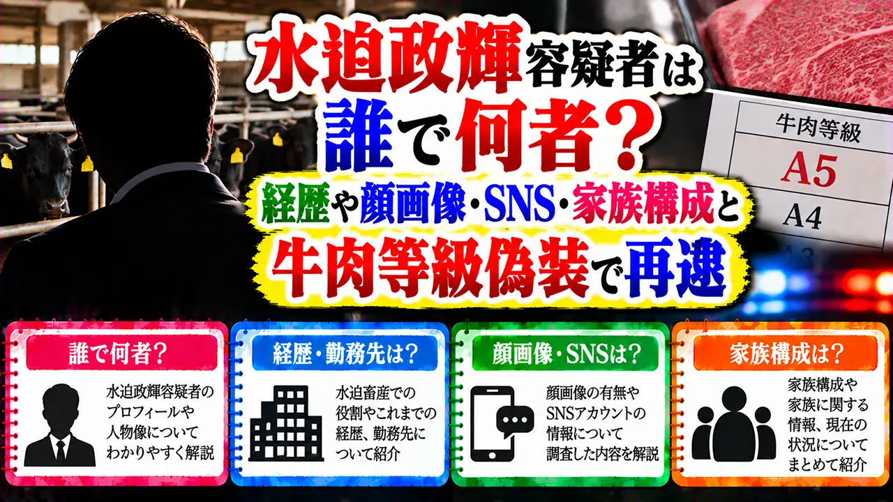 水迫政輝容疑者は誰で何者?経歴や顔画像・SNS・家族構成と牛肉等級偽装で再逮