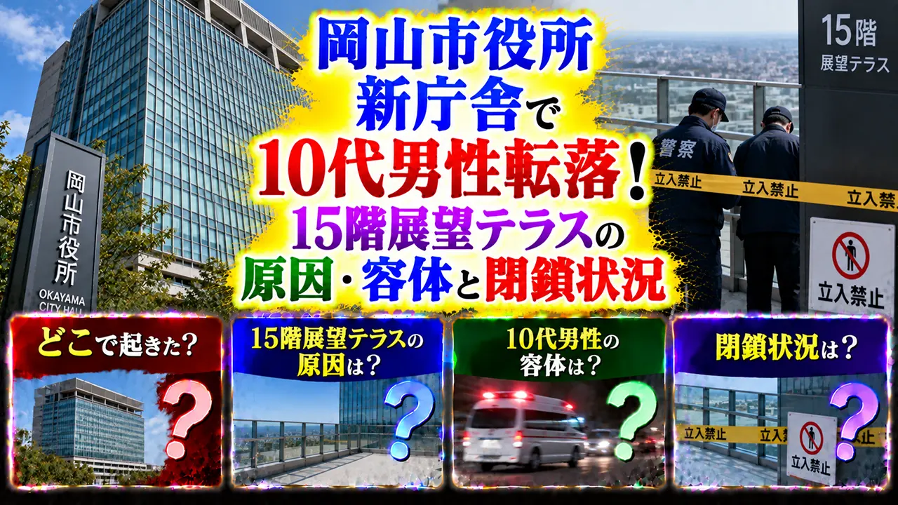 岡山市役所新庁舎で10代男性転落!15階展望テラスの原因・容体と閉鎖状況