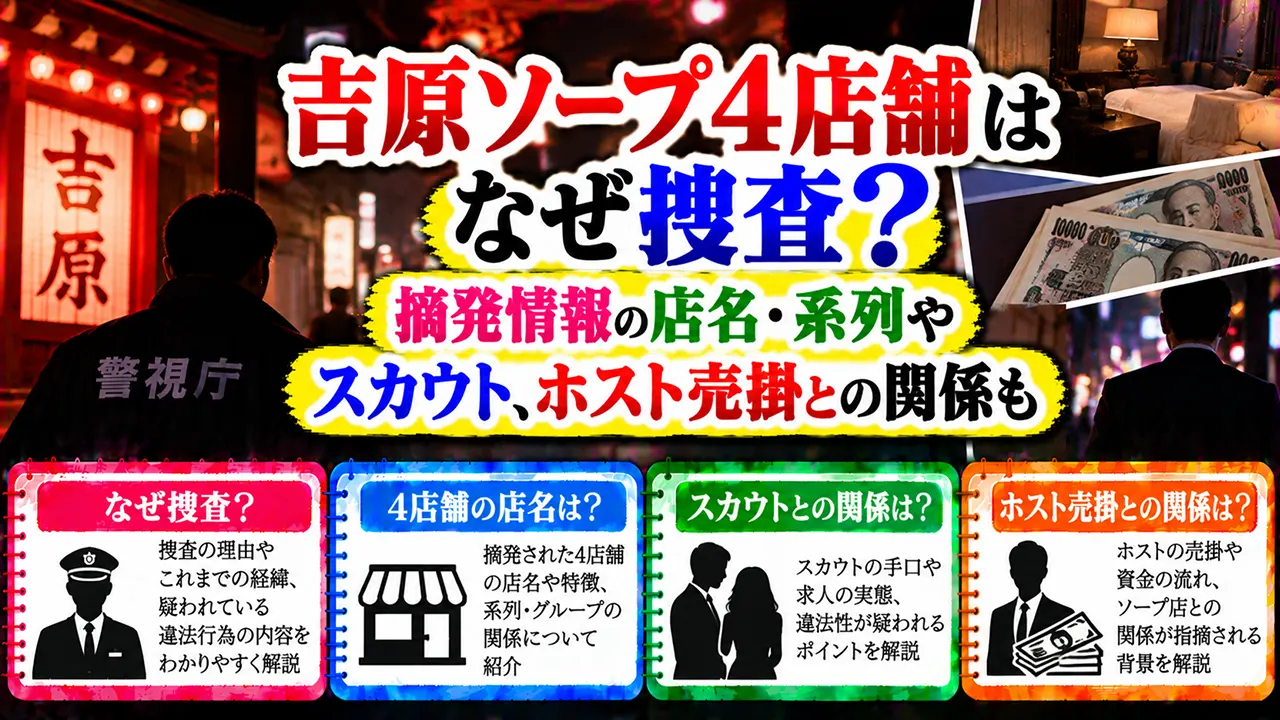 吉原ソープ4店舗はなぜ捜査?摘発情報の店名・系列やスカウト、ホスト売掛との関係も